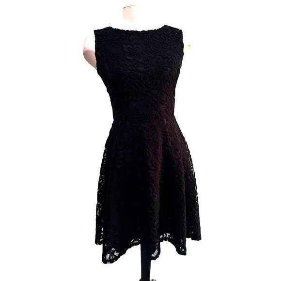 Tiana B Textured Lace A Line Dress Sz 4 Womens Navy Blue Knee Length Sheer Sleev - Picture 1 of 12